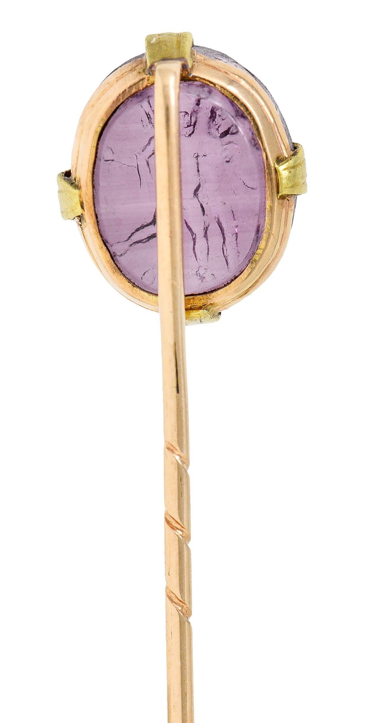 Women's or Men's Victorian Glass Intaglio 18 Karat Two-Tone Gold Cherubic Stickpin For Sale