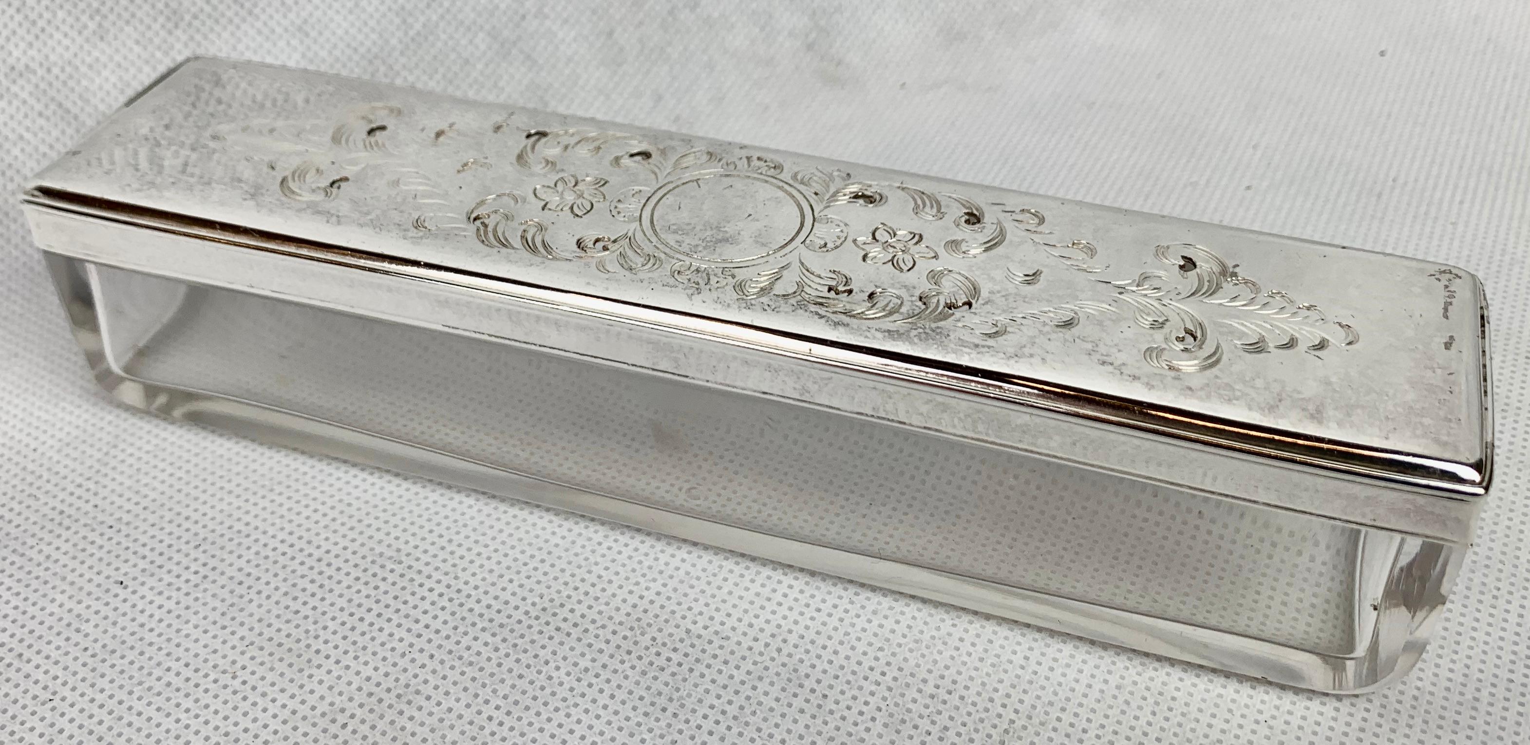 American Silver Lidded Engraved Victorian Glass Vanity Box 