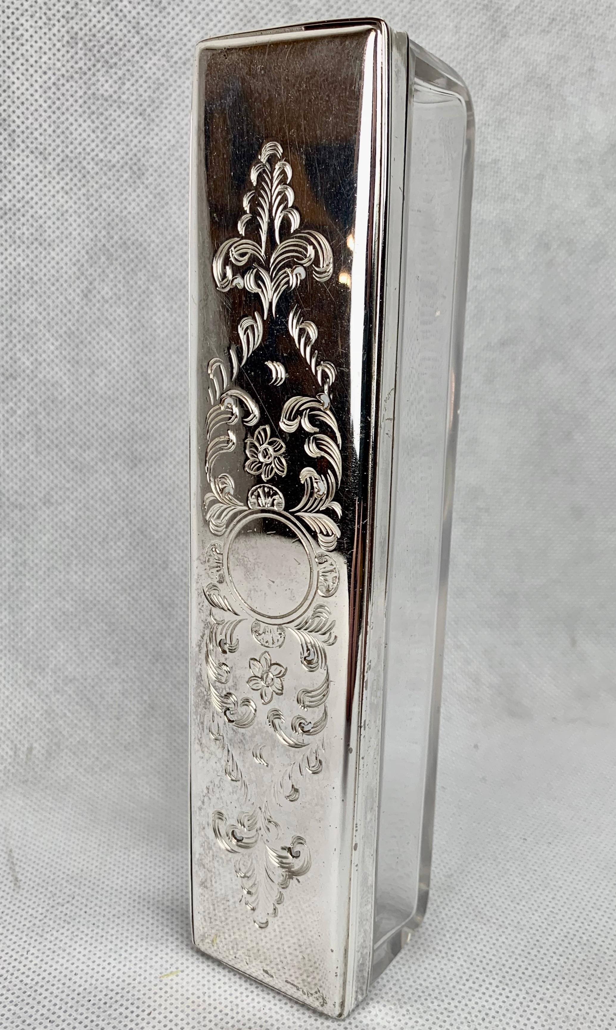 19th Century Silver Lidded Engraved Victorian Glass Vanity Box 