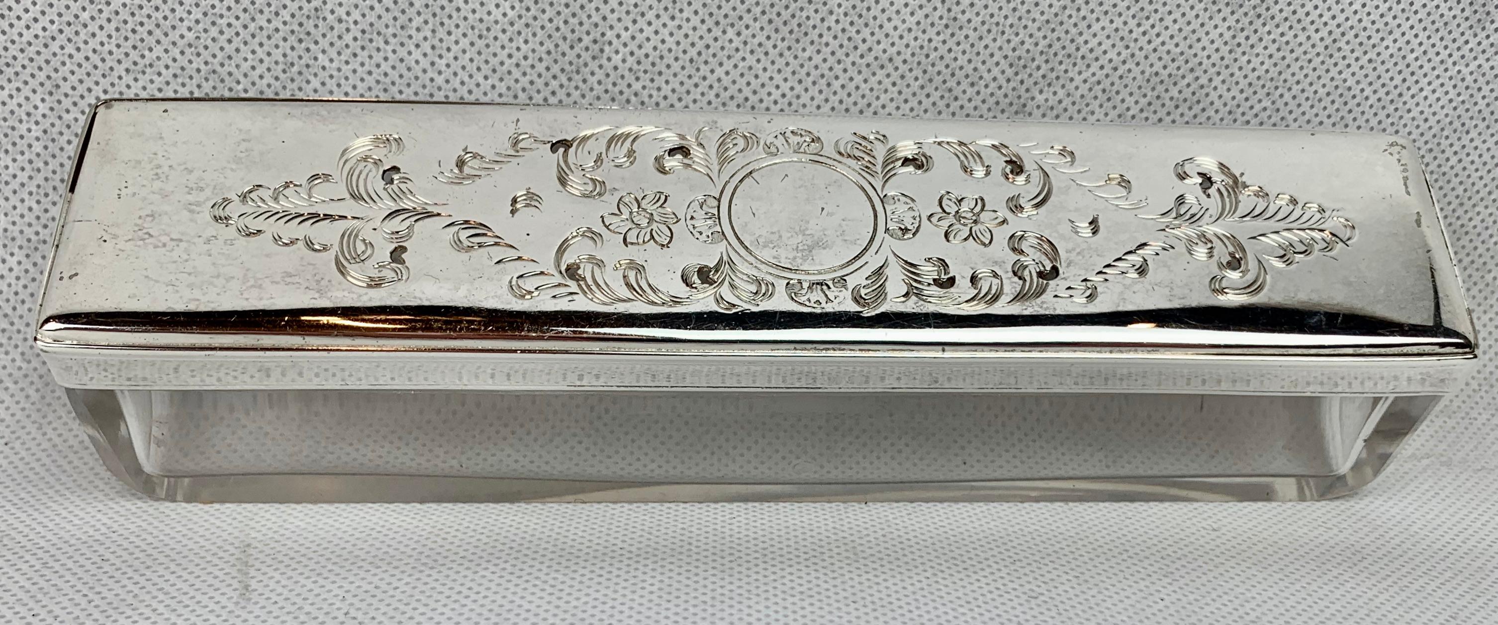 Silver Plate Silver Lidded Engraved Victorian Glass Vanity Box 