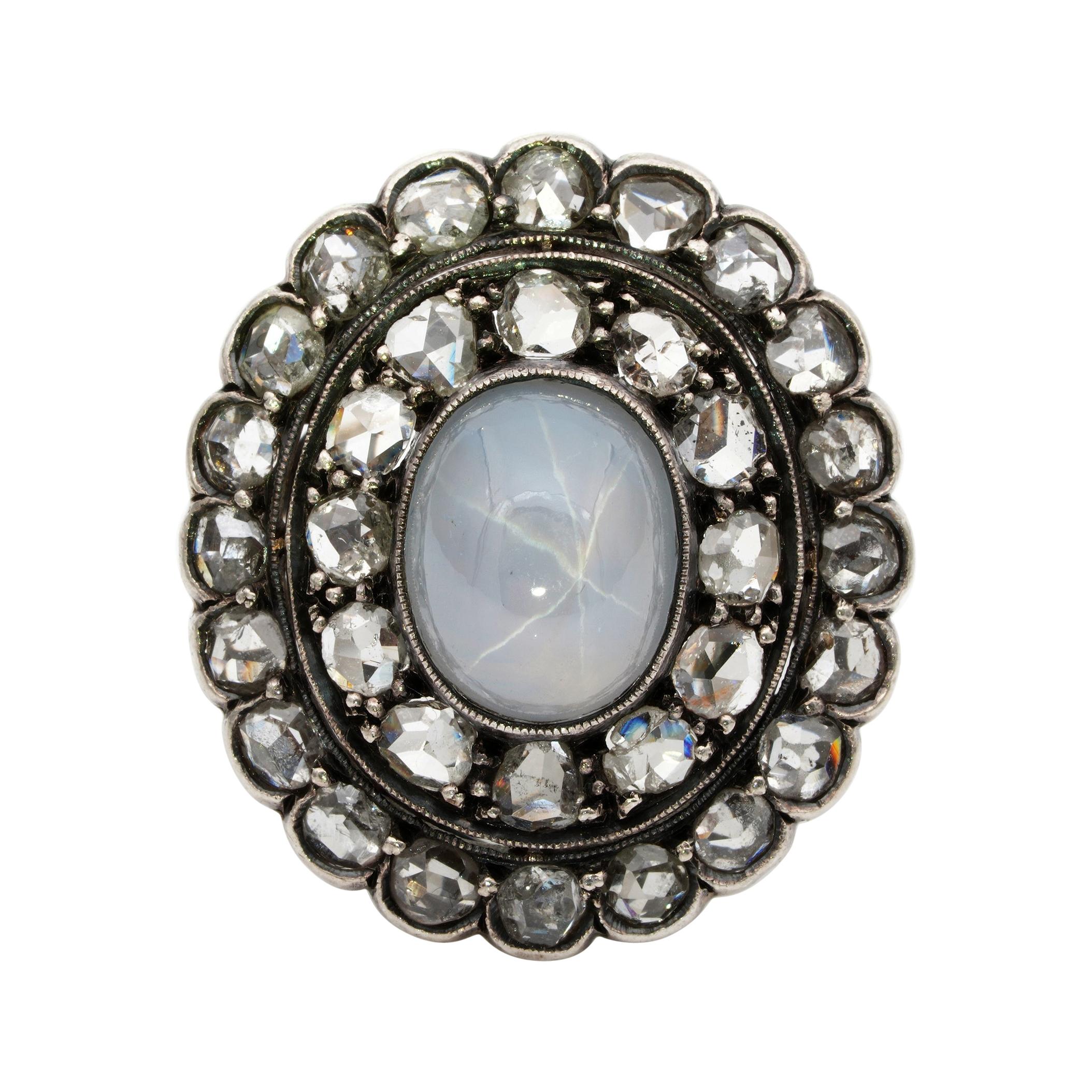 Victorian Glorious 6.40 Carat Star Sapphire 1.90 Ct Rose Cut Diamond Rare Ring For Sale