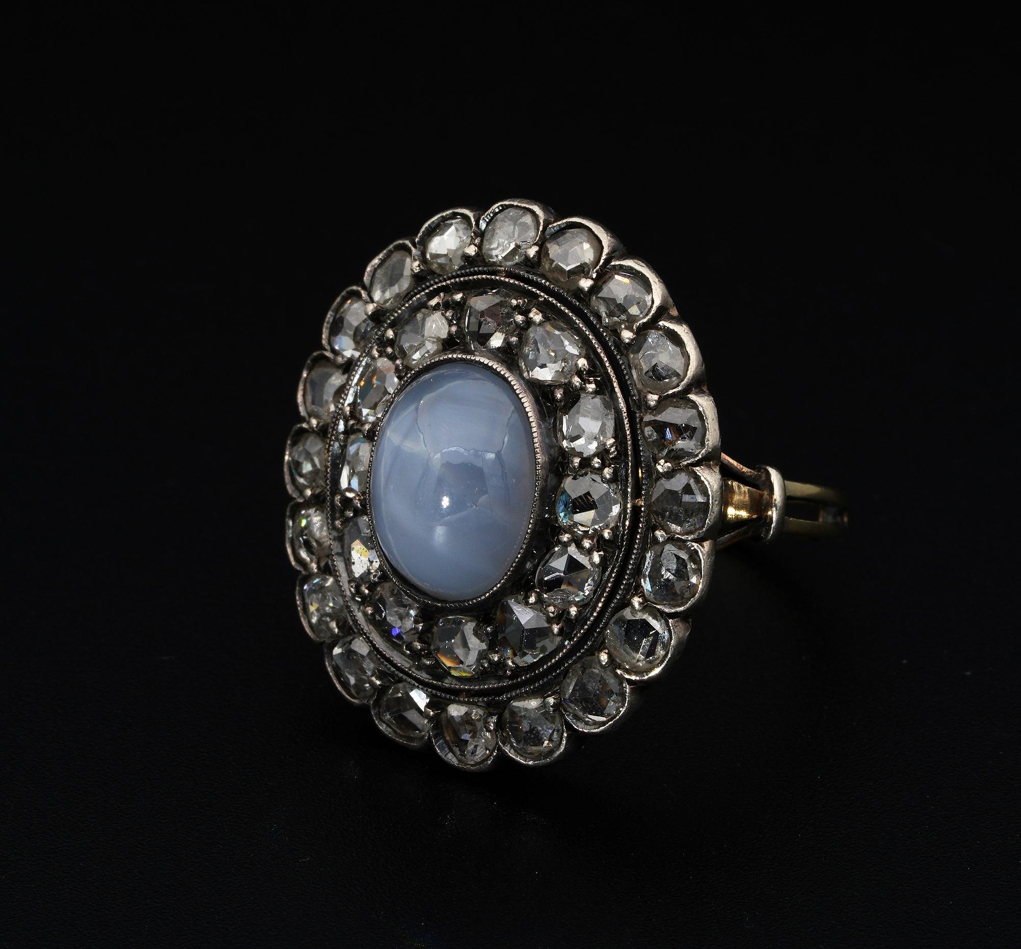 Women's or Men's Victorian Glorious 6.40 Carat Star Sapphire 1.90 Ct Rose Cut Diamond Rare Ring For Sale