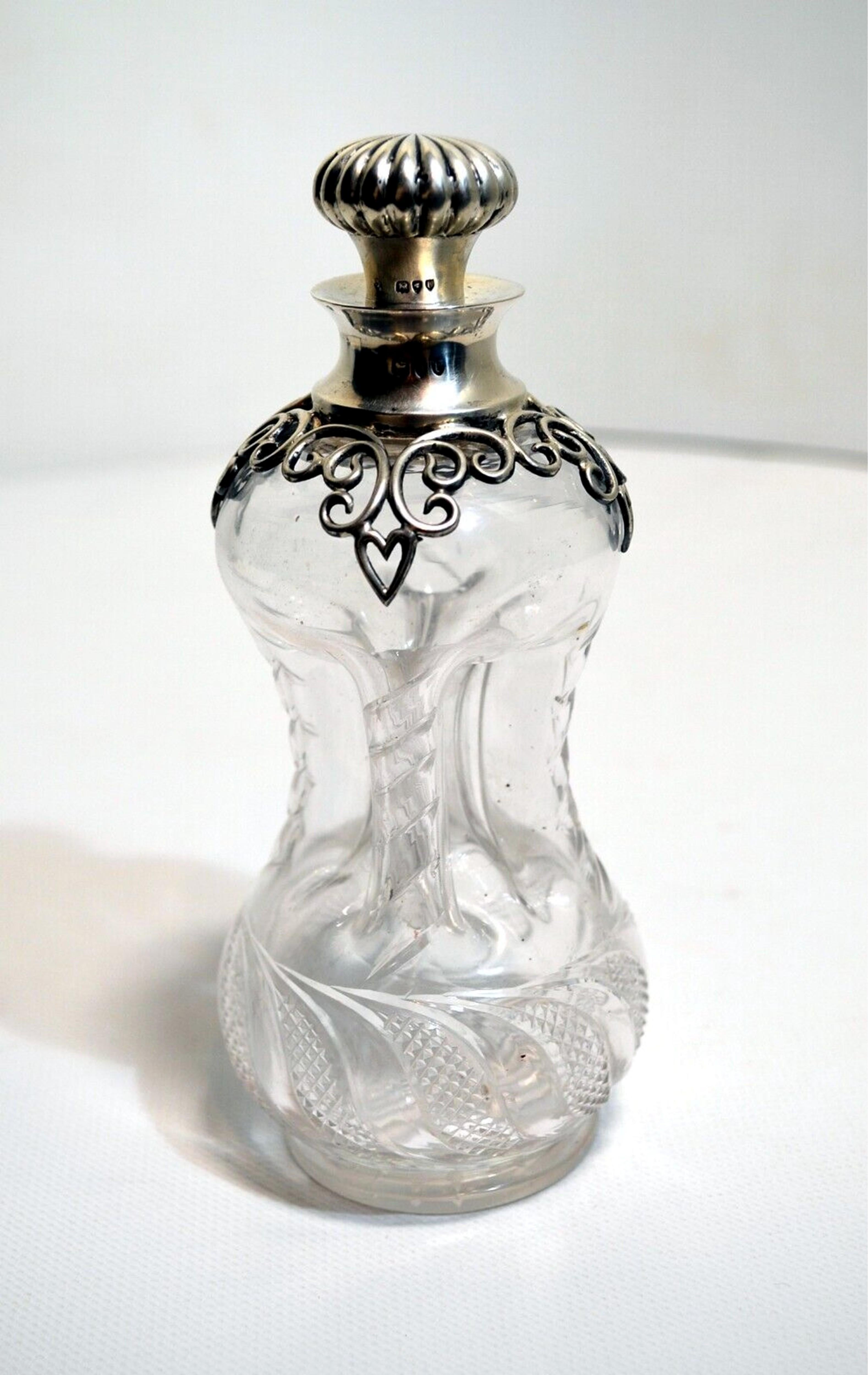 British Victorian glug glug decanter bottle in cut crystal and sterling silver For Sale