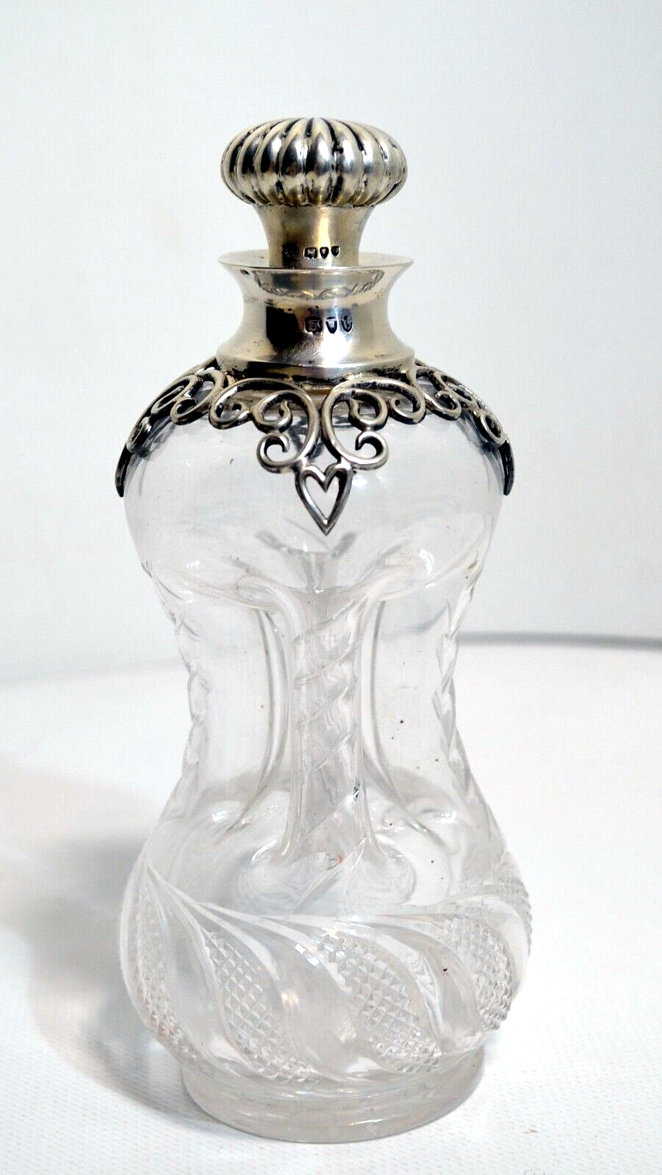 Hand-Carved Victorian glug glug decanter bottle in cut crystal and sterling silver For Sale