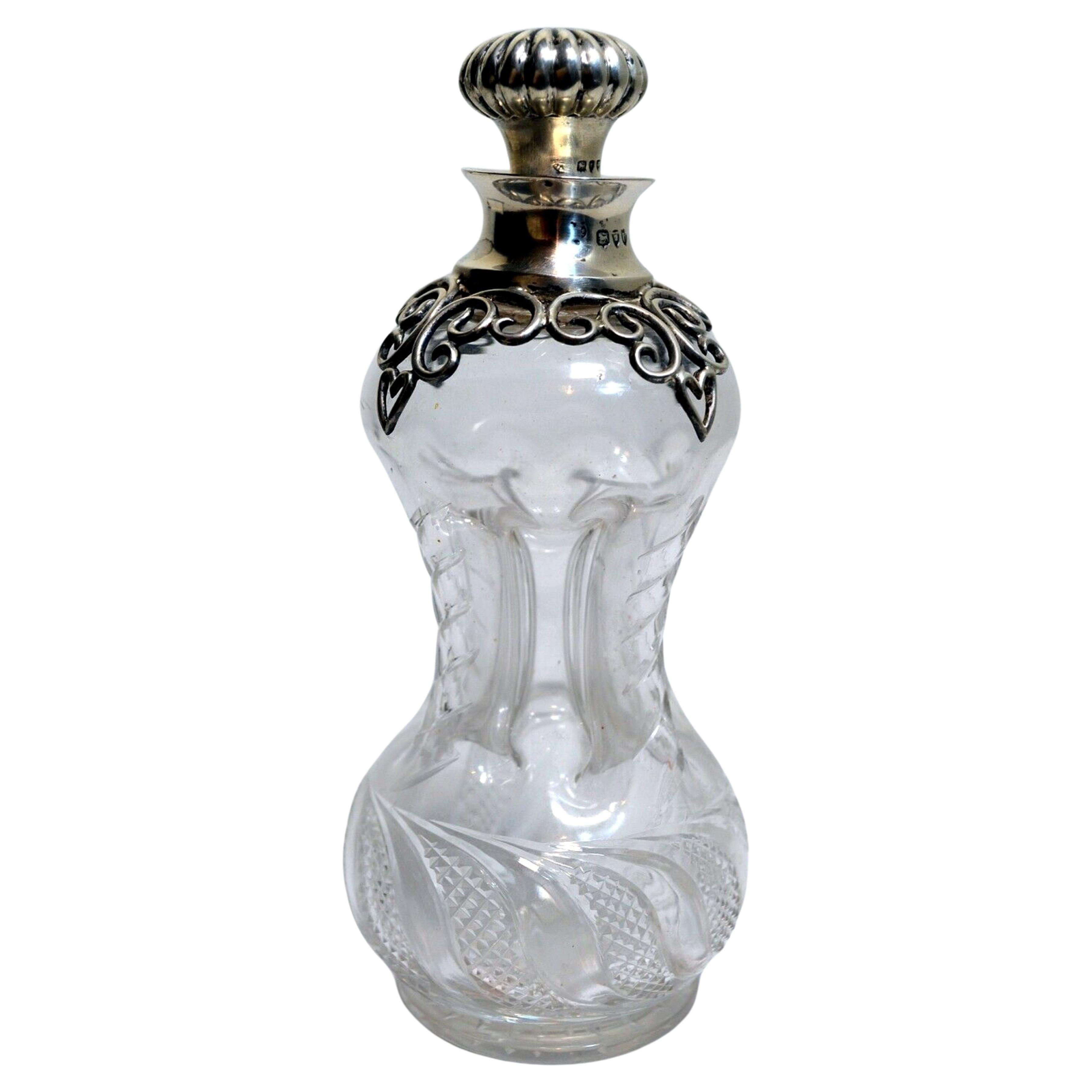 Victorian glug glug decanter bottle in cut crystal and sterling silver For Sale