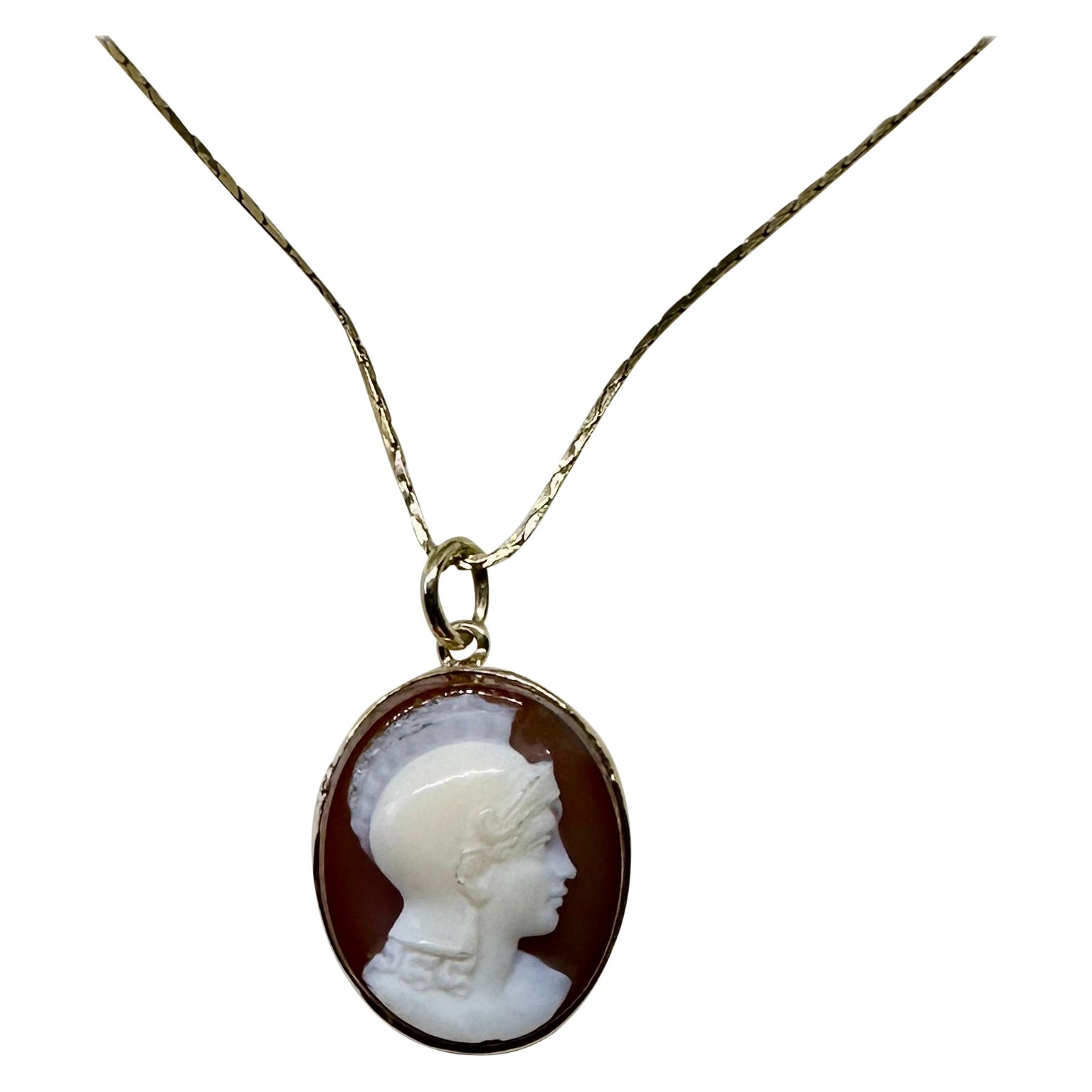 Collier victorien avec pendentif camée en pierre dure représentant la déesse Athéna, finition or antique, 1860-1880