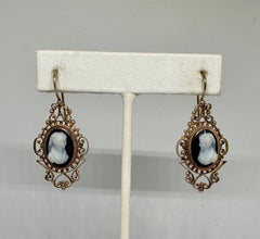 Victorian Goddess Woman Hard Stone Cameo Earrings Gold Dangle Drop Circa 1870