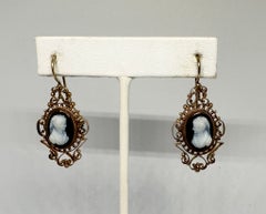 Victorian Goddess Woman Hard Stone Cameo Earrings Gold Dangle Drop Circa 1870