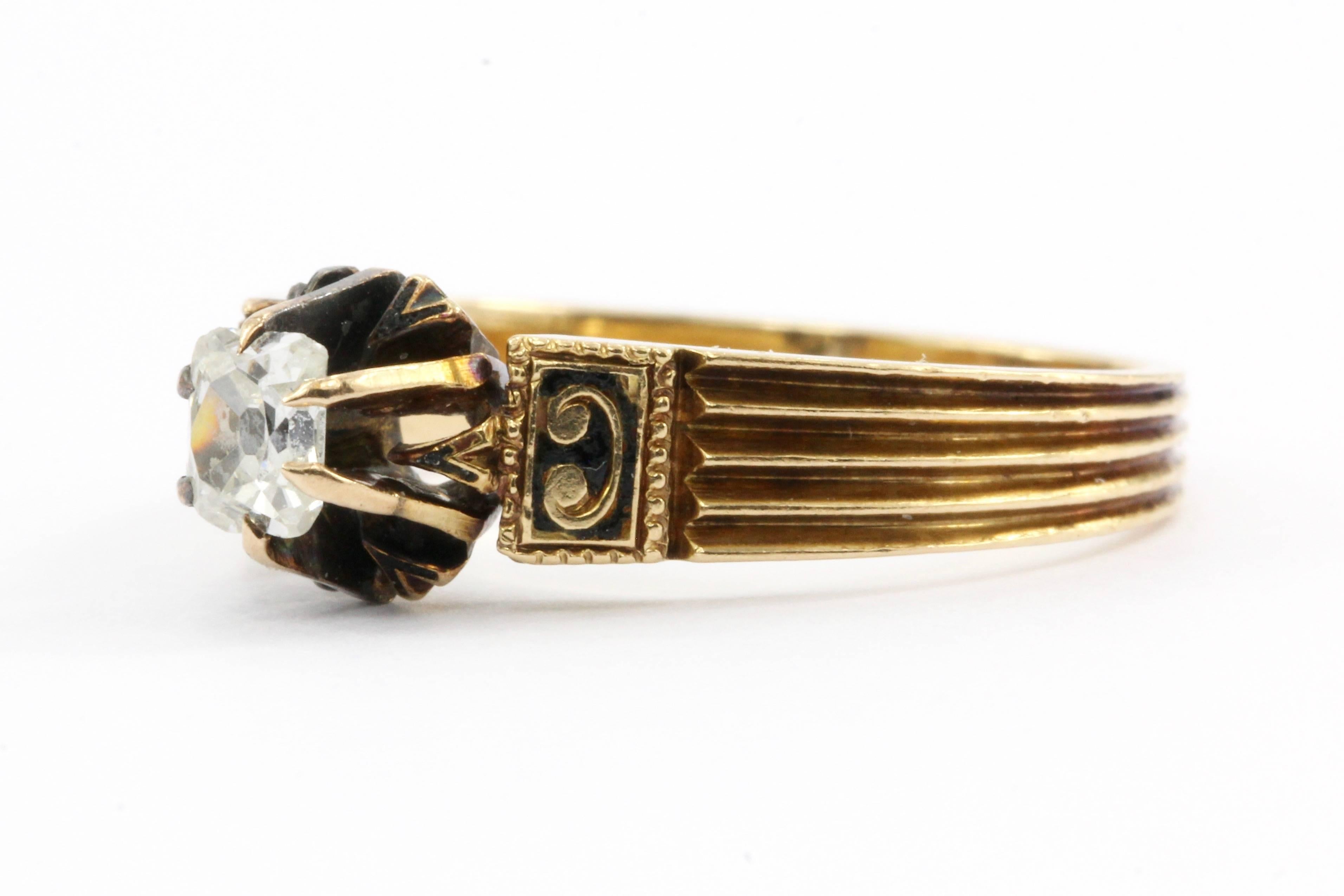 Era: Victorian c.1880

Hallmarks: 18

Composition: 18K Yellow Gold

Primary Stone: Old Mine Cut Diamond

Stone Carat: approximately .25 carat 

Color / Clarity: H / Vs1

Ring Face: 7mm wide

Rise Above Finger: 6.6 mm tall

Ring Size: 6.5

Ring