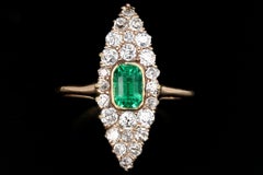 Victorian Gold .75 Carat Emerald and Old European Cut Diamond Navette Ring