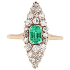 Antique Victorian Gold .75 Carat Emerald and Old European Cut Diamond Navette Ring