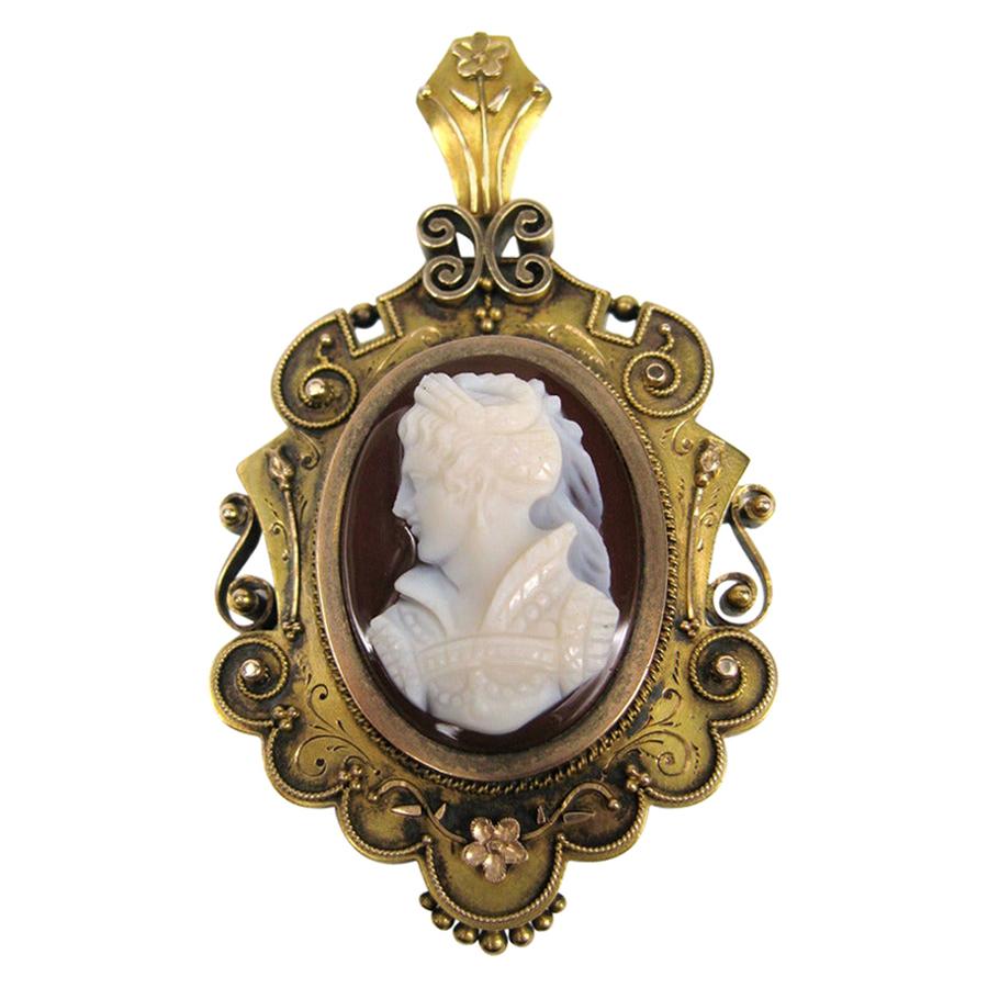 Victorian Gold Agate Cameo Hair Brooch / Pin Pendant Never Used For Sale