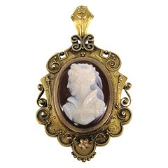 Pendentif broche/épingle victorien camée en or et agate, jamais utilisé