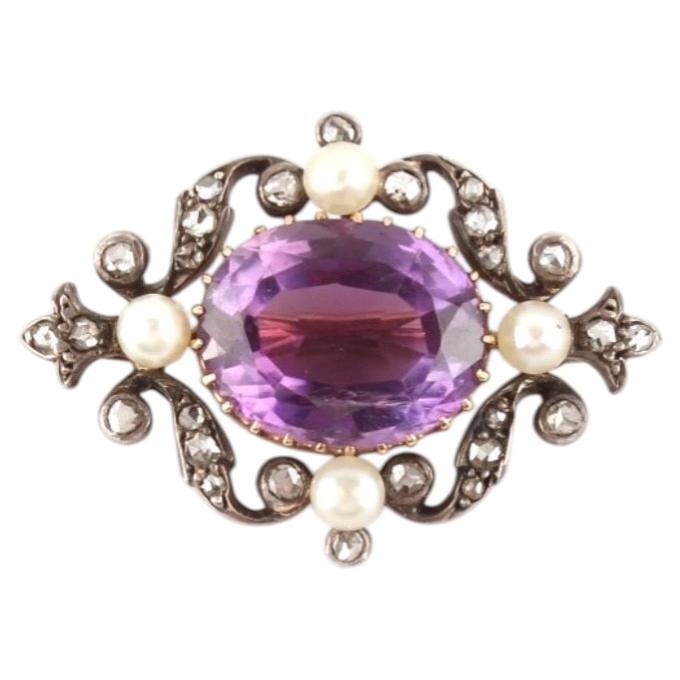 Antike viktorianische Brosche aus Gold mit Amethyst, Diamanten und Perlen, um 1880