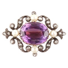Victorian Gold Amethyst Brooch with Diamonds & Pearls, Circa 1880s