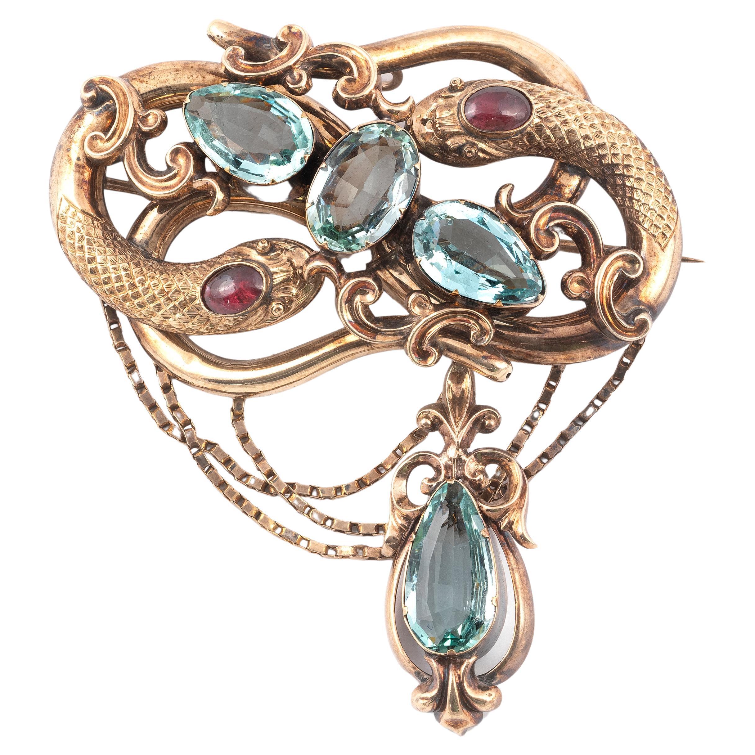 Victorian Gold And Aquamarine Large Snake Brooch/Pendant For Sale