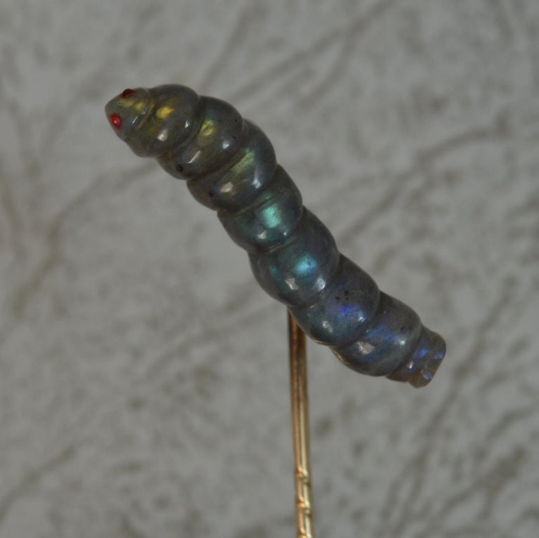 Cabochon Victorian Gold and Carved Labradorite Caterpillar Stick Tie Pin For Sale