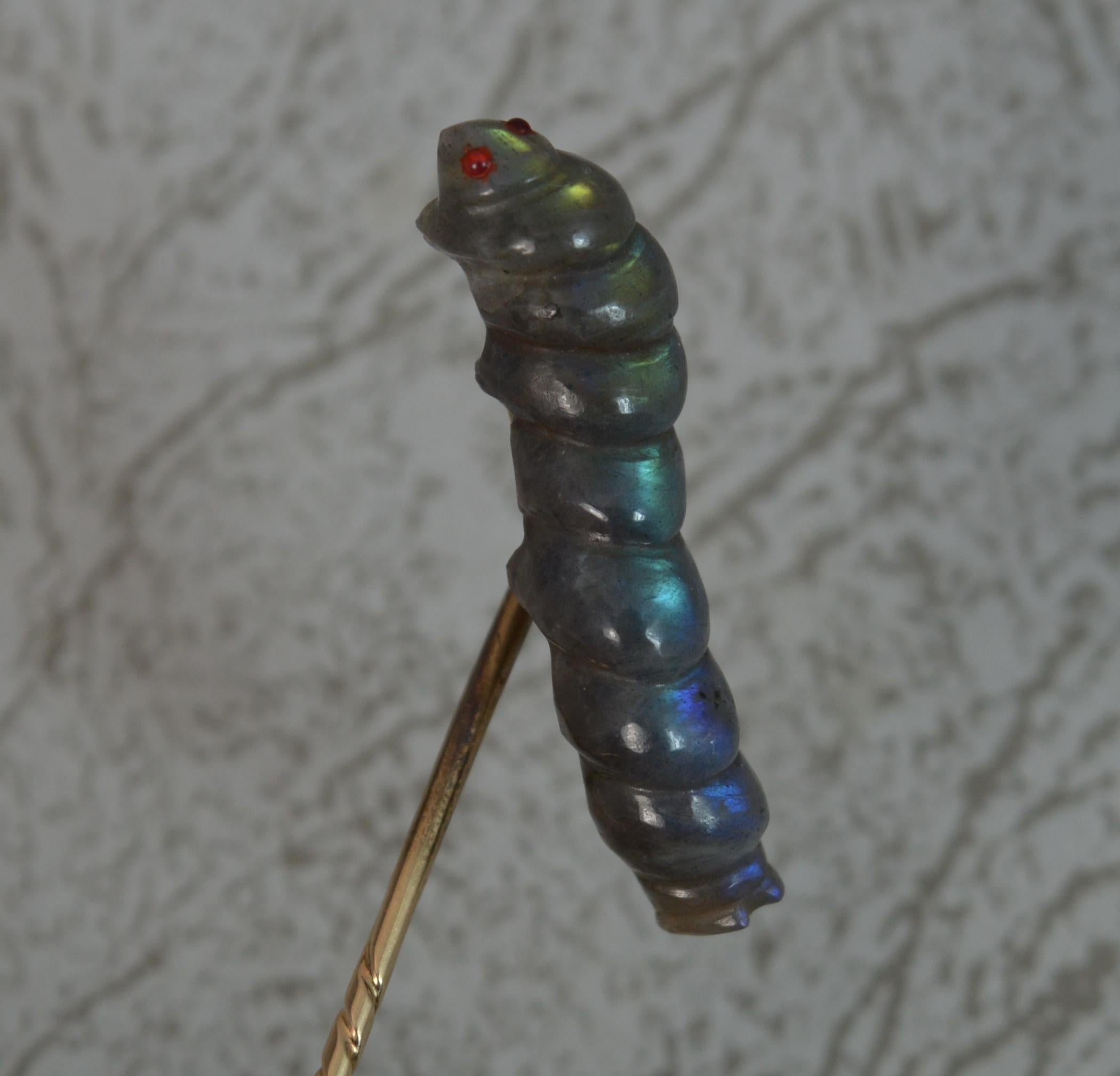 Women's Victorian Gold and Carved Labradorite Caterpillar Stick Tie Pin