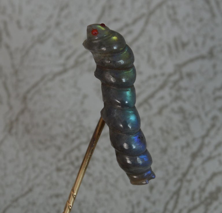 Victorian Gold and Carved Labradorite Caterpillar Stick Tie Pin For Sale 3