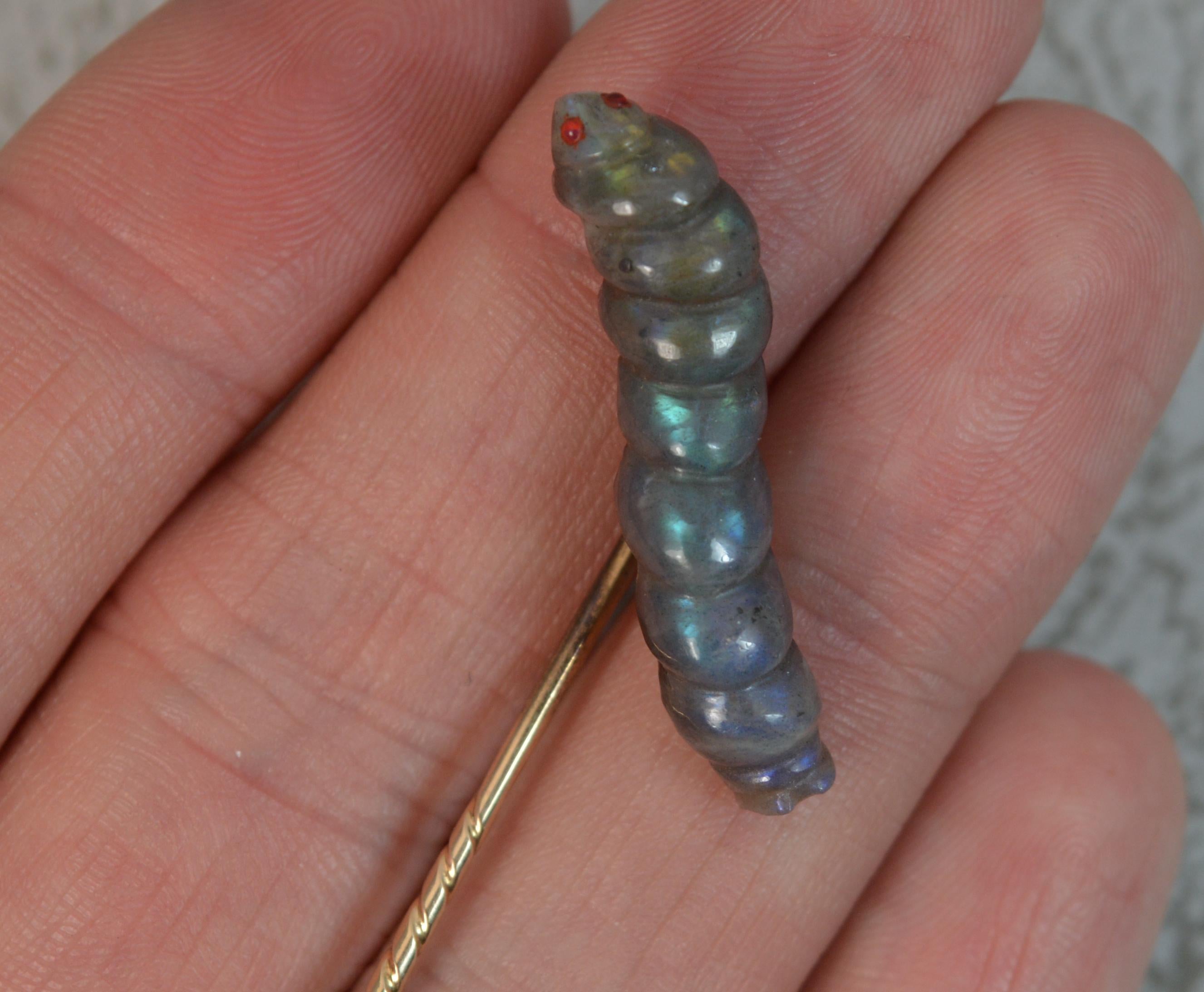 Victorian Gold and Carved Labradorite Caterpillar Stick Tie Pin 1