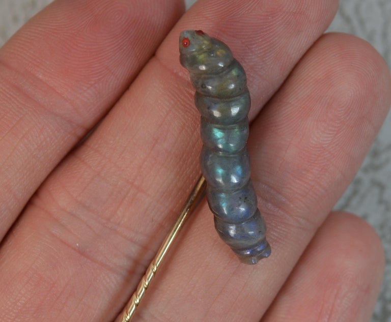 Victorian Gold and Carved Labradorite Caterpillar Stick Tie Pin For Sale 4