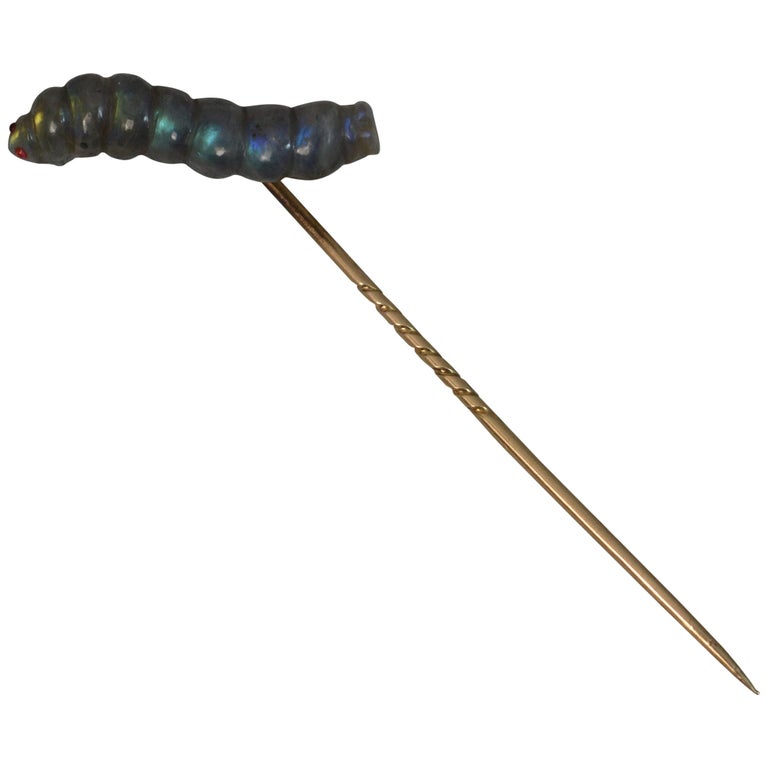 Victorian Gold and Carved Labradorite Caterpillar Stick Tie Pin For Sale