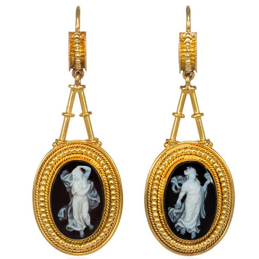 Victorian Gold and Carved Onyx Cameo Earrings Depicting Classical Female Figures