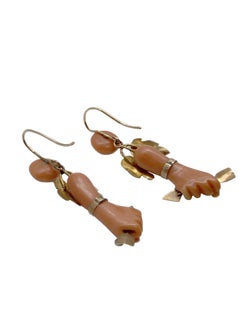 Victorian Gold and Coral Arrow in Hand Long Dangle Earrings