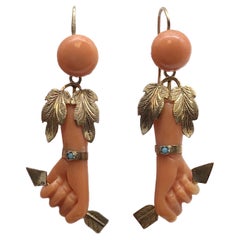Victorian Gold and Coral Arrow in Hand Long Dangle Earrings