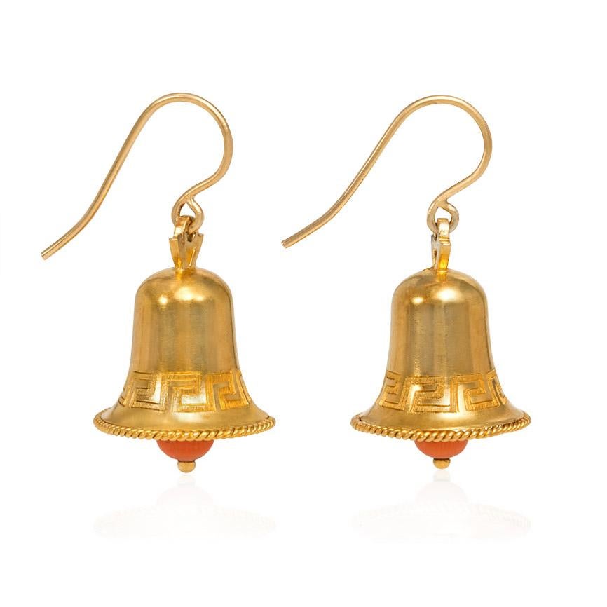 A pair of antique gold pendant earrings designed as bells with coral bead clappers, in 15k.  England