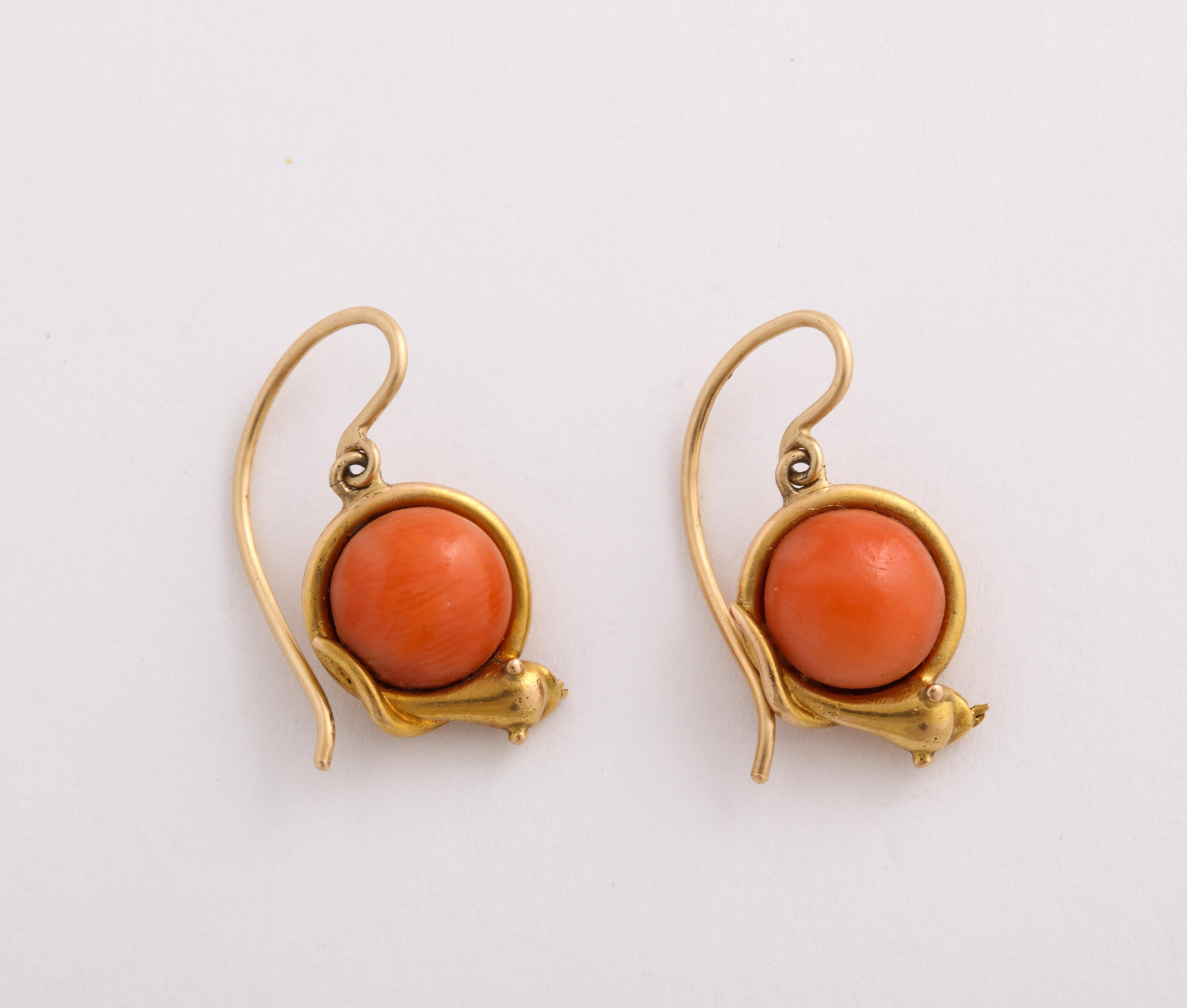 Round Cut Victorian Gold and Coral Serpent Ear Drops