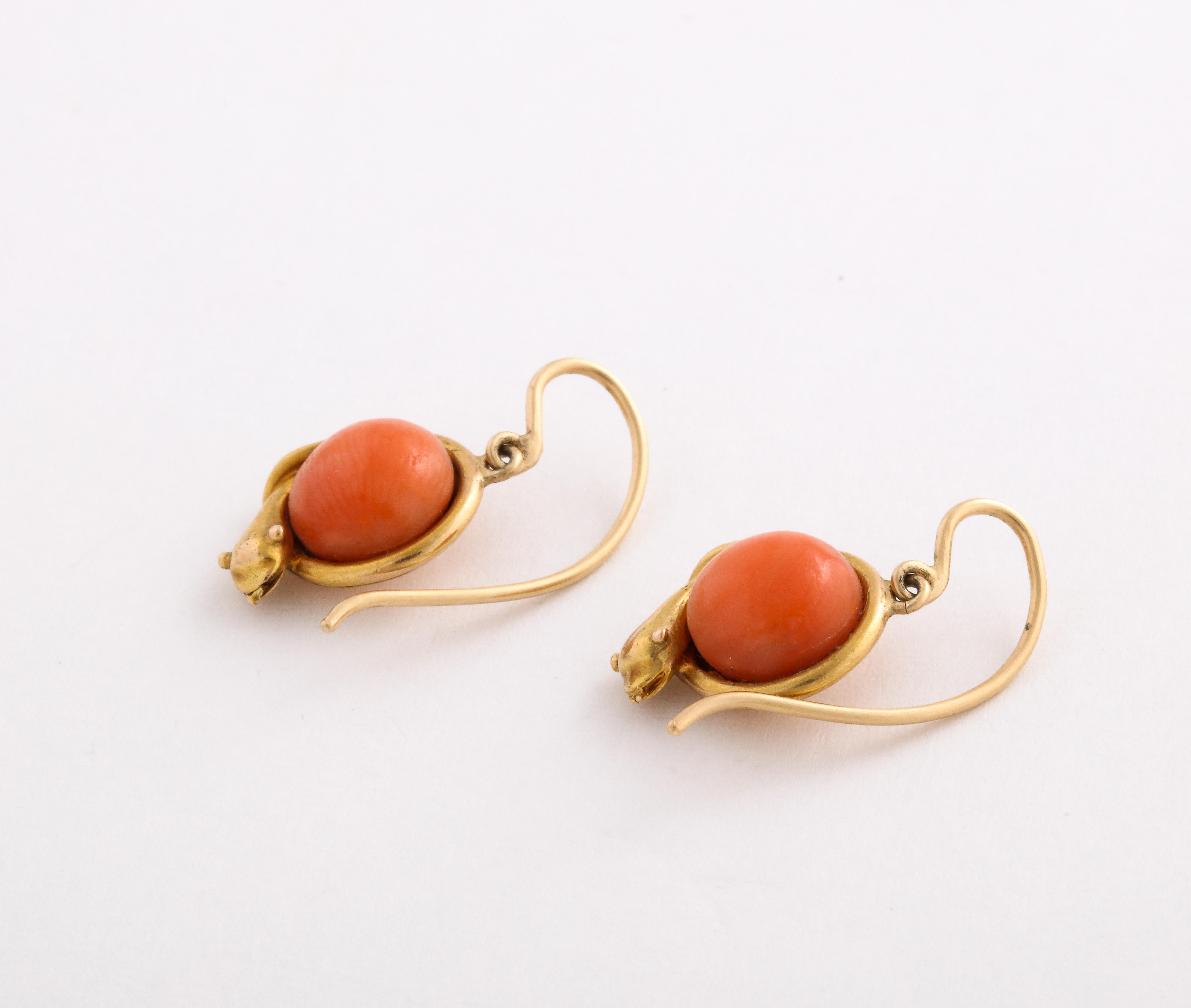 Women's or Men's Victorian Gold and Coral Serpent Ear Drops