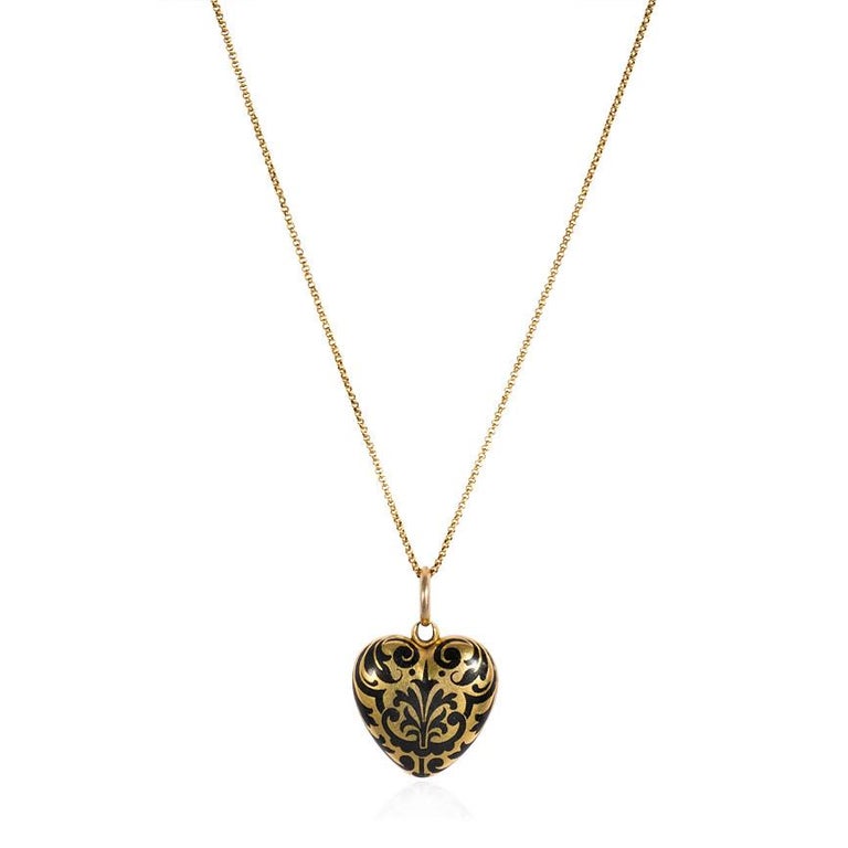 Women's or Men's Victorian Gold and Enamel Heart Locket on Chain with Double-Sided Decoration
