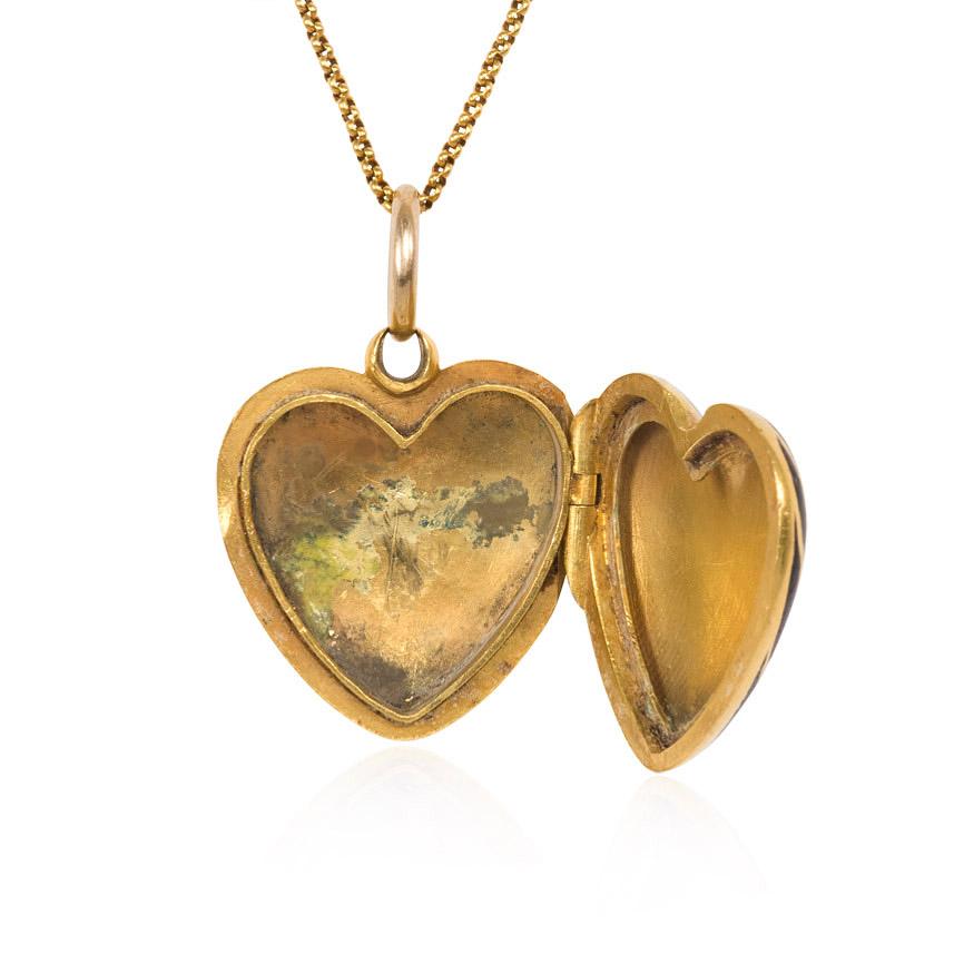 Women's or Men's Victorian Gold and Enamel Heart Locket on Chain with Double-Sided Decoration