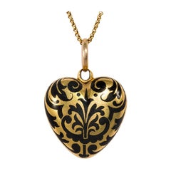 Victorian Gold and Enamel Heart Locket on Chain with Double-Sided Decoration