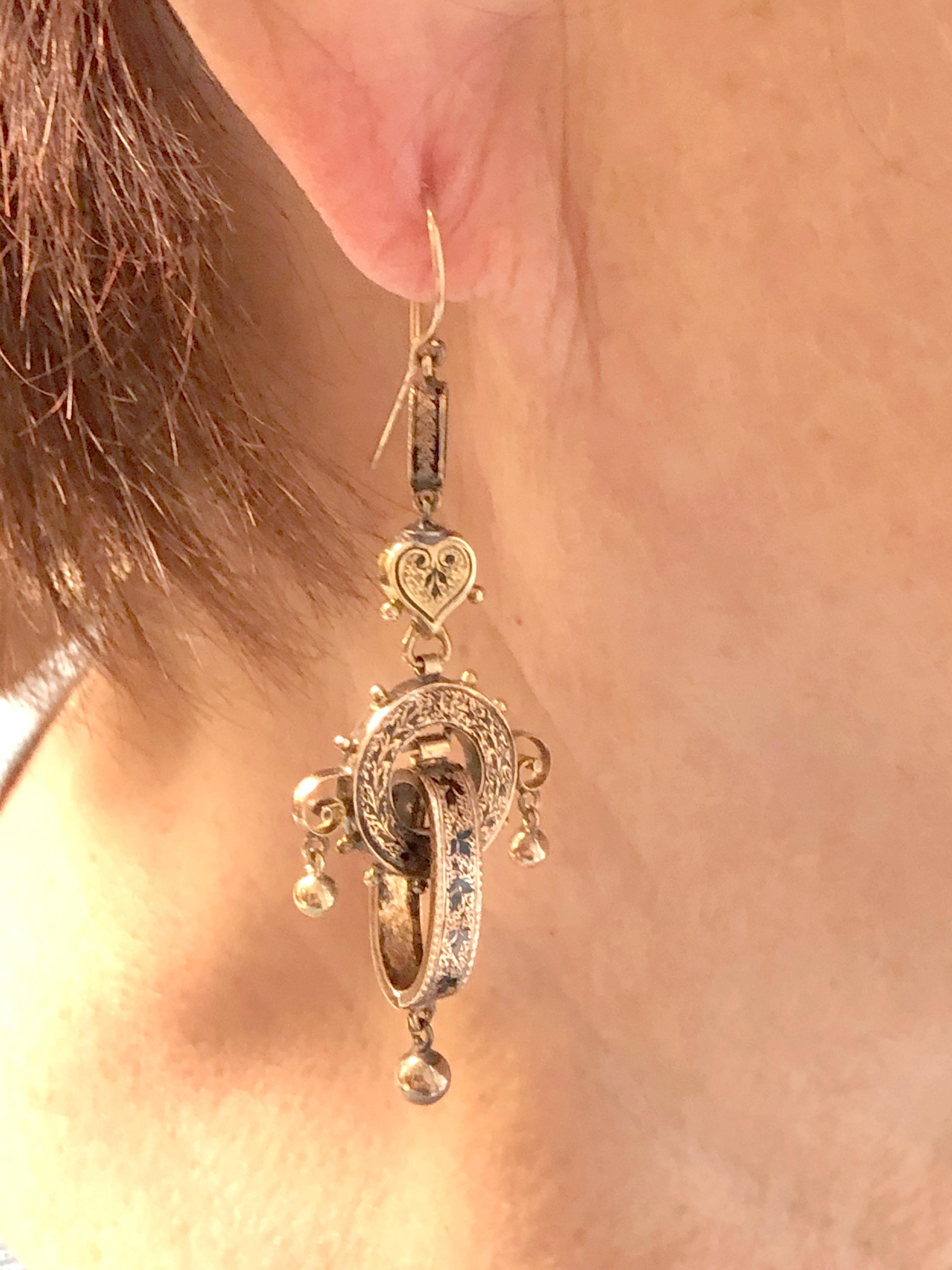 Women's Victorian Gold and Enamel long Dangle Earrings