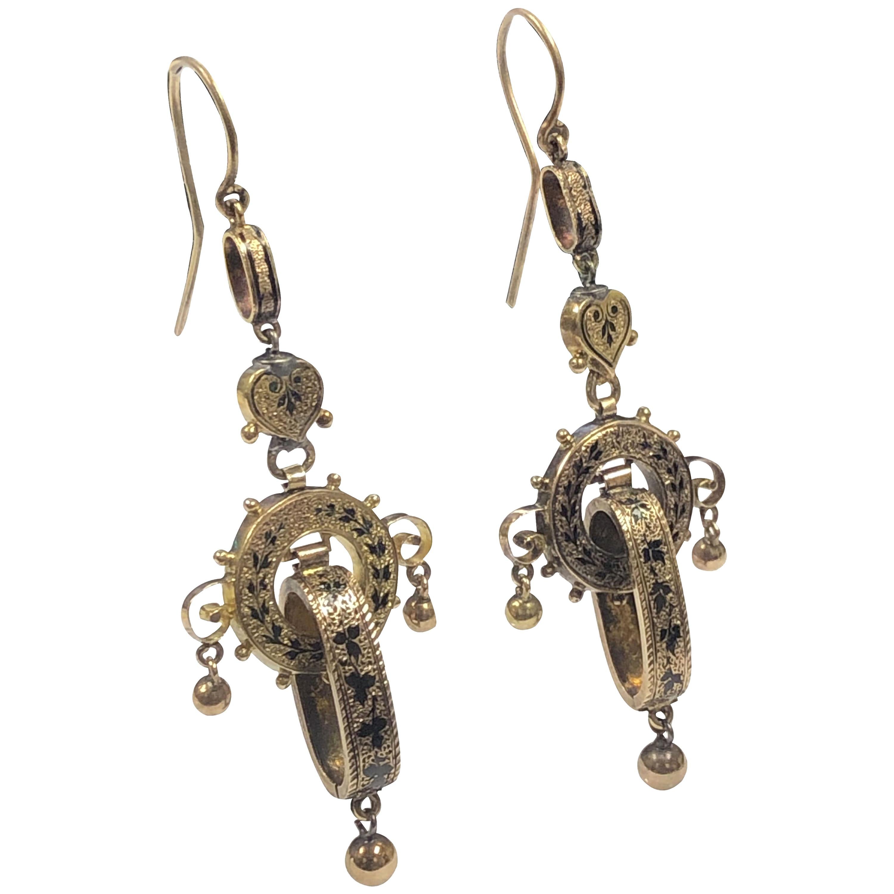 Victorian Gold and Enamel long Dangle Earrings