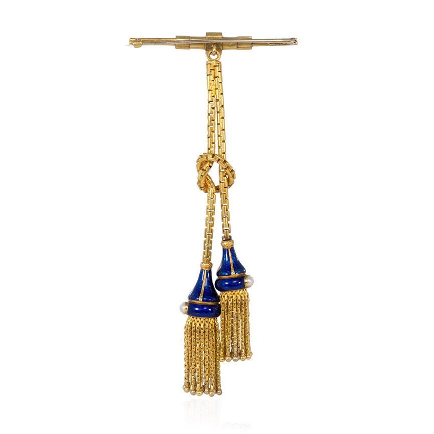 Victorian Gold and Enamel Bar and Tassel Brooch with Pearl Accents In Good Condition In New York, NY