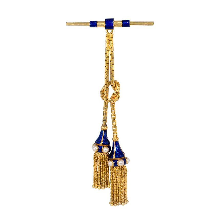 Victorian Gold and Enamel Bar and Tassel Brooch with Pearl Accents