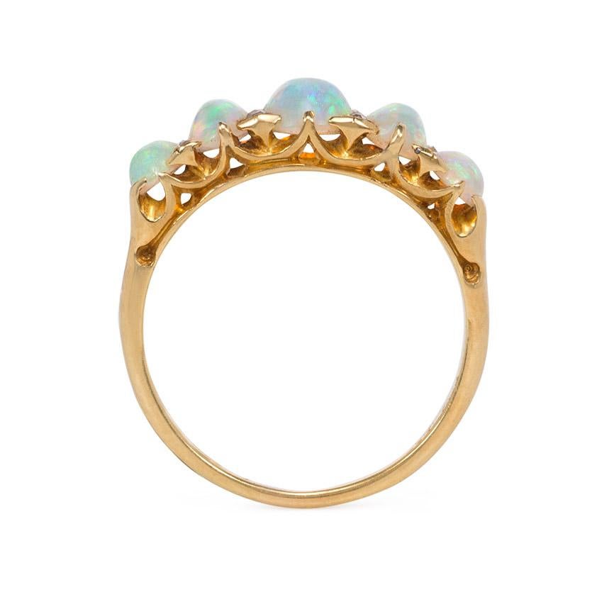 Rose Cut Victorian Gold and Five-Stone Opal Half Hoop Ring with Rose Diamond Accents