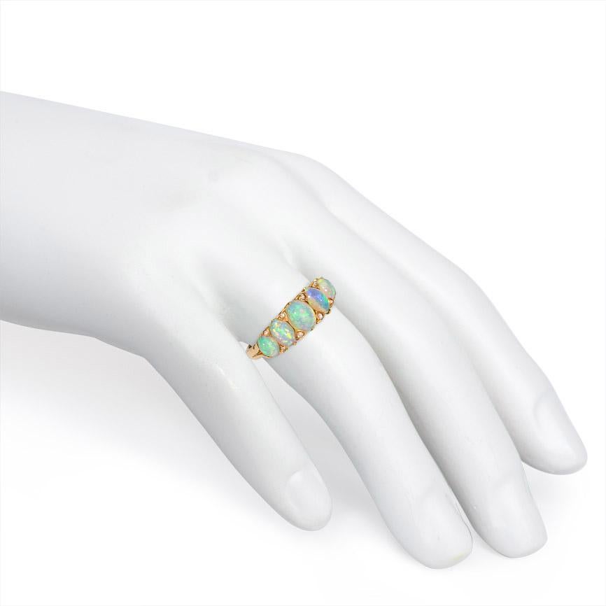 Victorian Gold and Five-Stone Opal Half Hoop Ring with Rose Diamond Accents In Good Condition In New York, NY