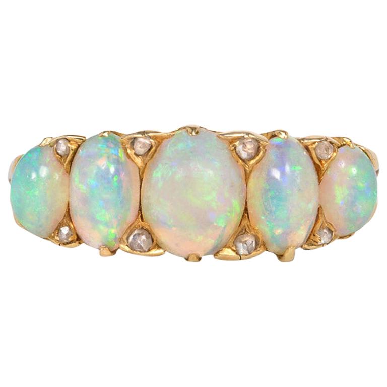 Victorian Gold and Five-Stone Opal Half Hoop Ring with Rose Diamond Accents