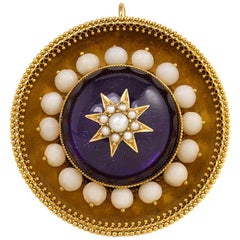 Antique Victorian Gold and Amethyst Pendant Brooch with White Coral and Pearl Accents