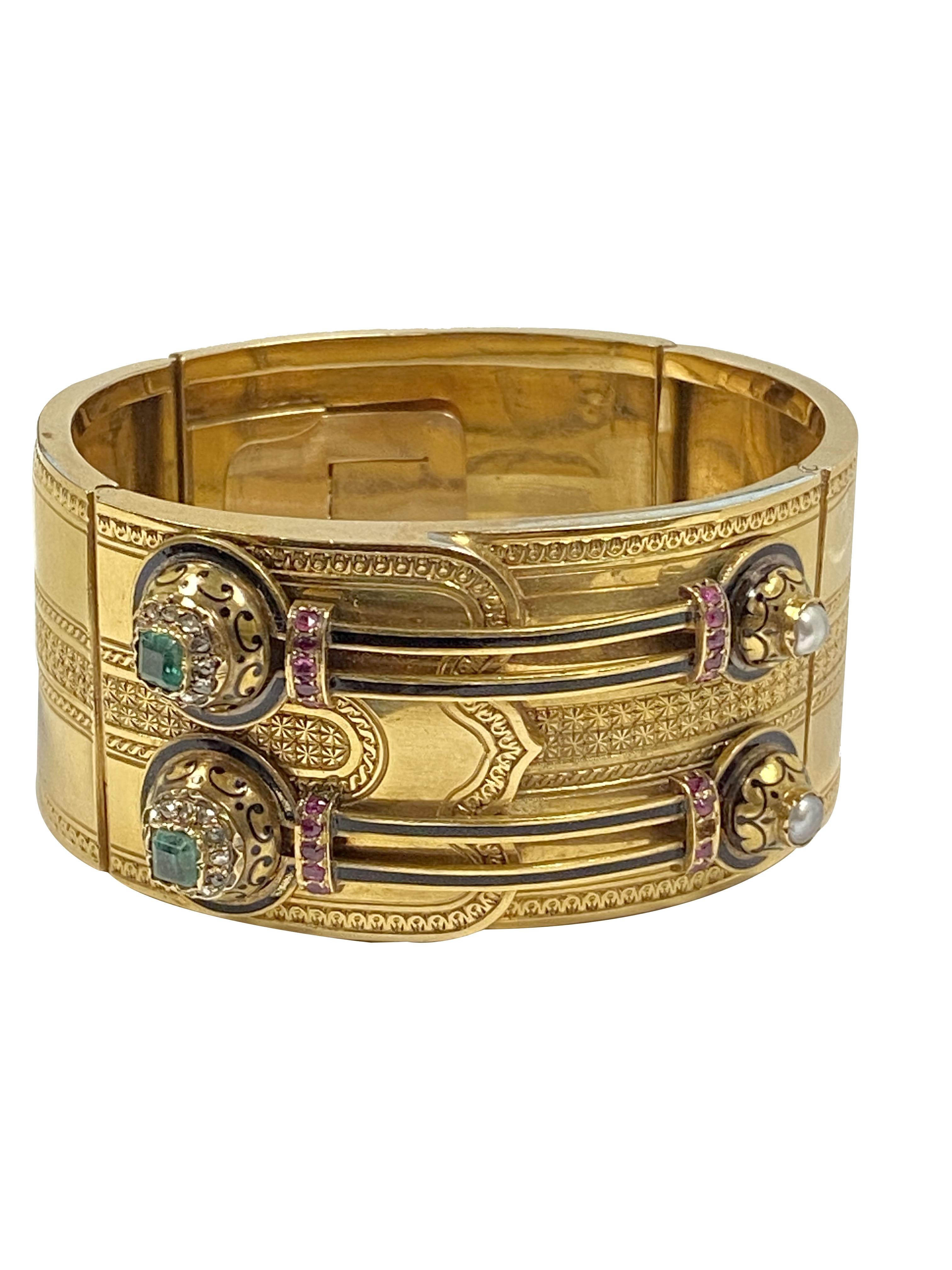 Victorian Gold and Gem Set Wide Bangle Bracelet In Excellent Condition In Chicago, IL