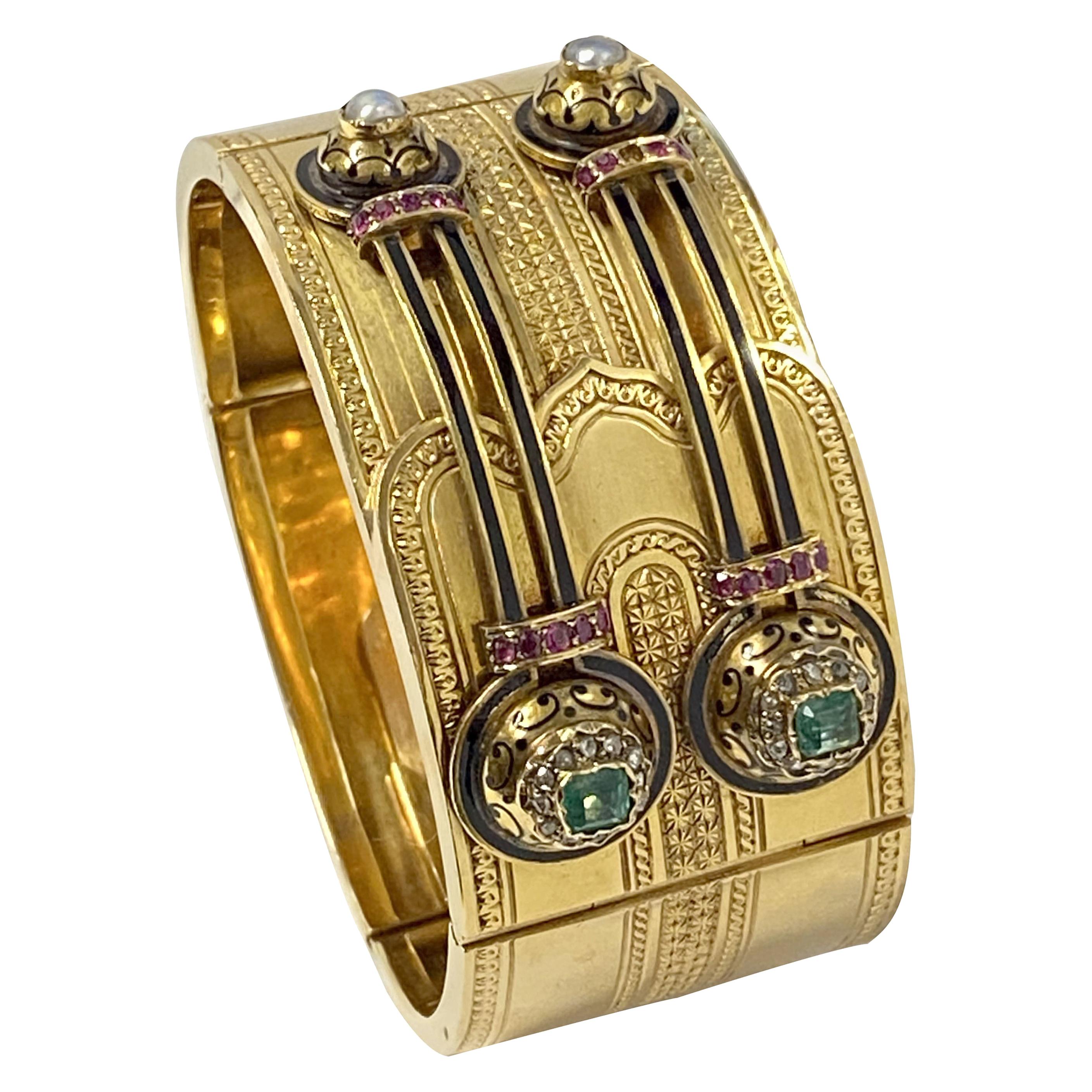Victorian Gold and Gem Set Wide Bangle Bracelet