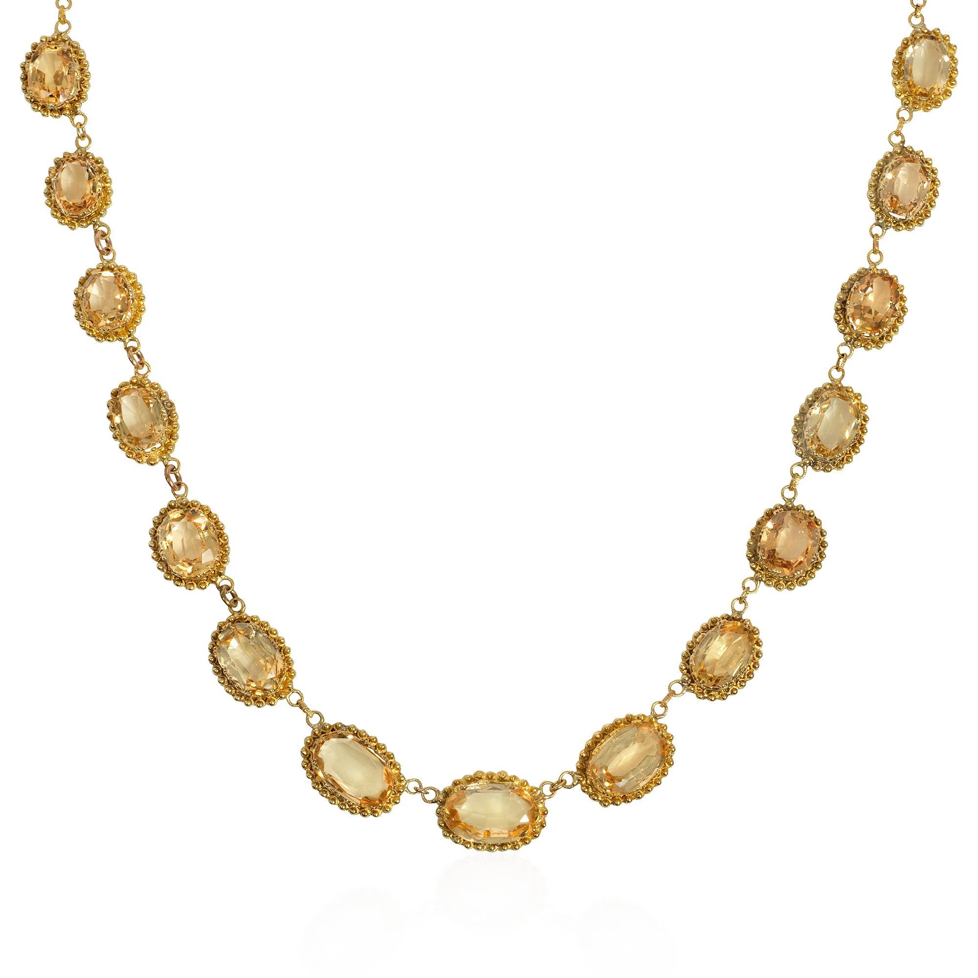 A Victorian gold and topaz rivière necklace comprised of graduated oval topaz in granulated cannetille settings, in 18k. French import marks

Topaz measurements as mounted approximately 5mm x 7.5mm to 8mm x 11mm