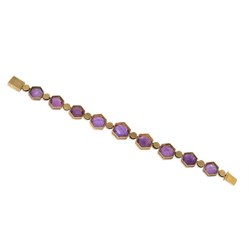 Women's or Men's Victorian Gold and Hexagonal Amethyst Link Bracelet with Half-Pearl Accents