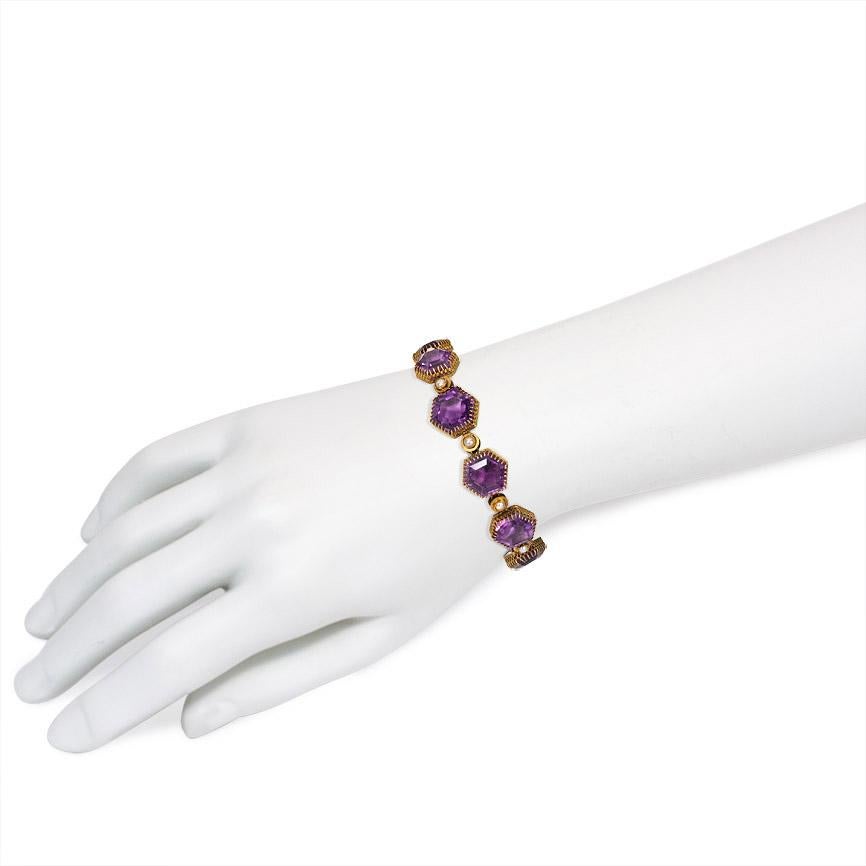 Victorian Gold and Hexagonal Amethyst Link Bracelet with Half-Pearl Accents 1