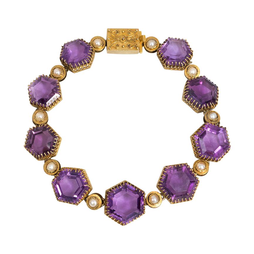 Victorian Gold and Hexagonal Amethyst Link Bracelet with Half-Pearl Accents