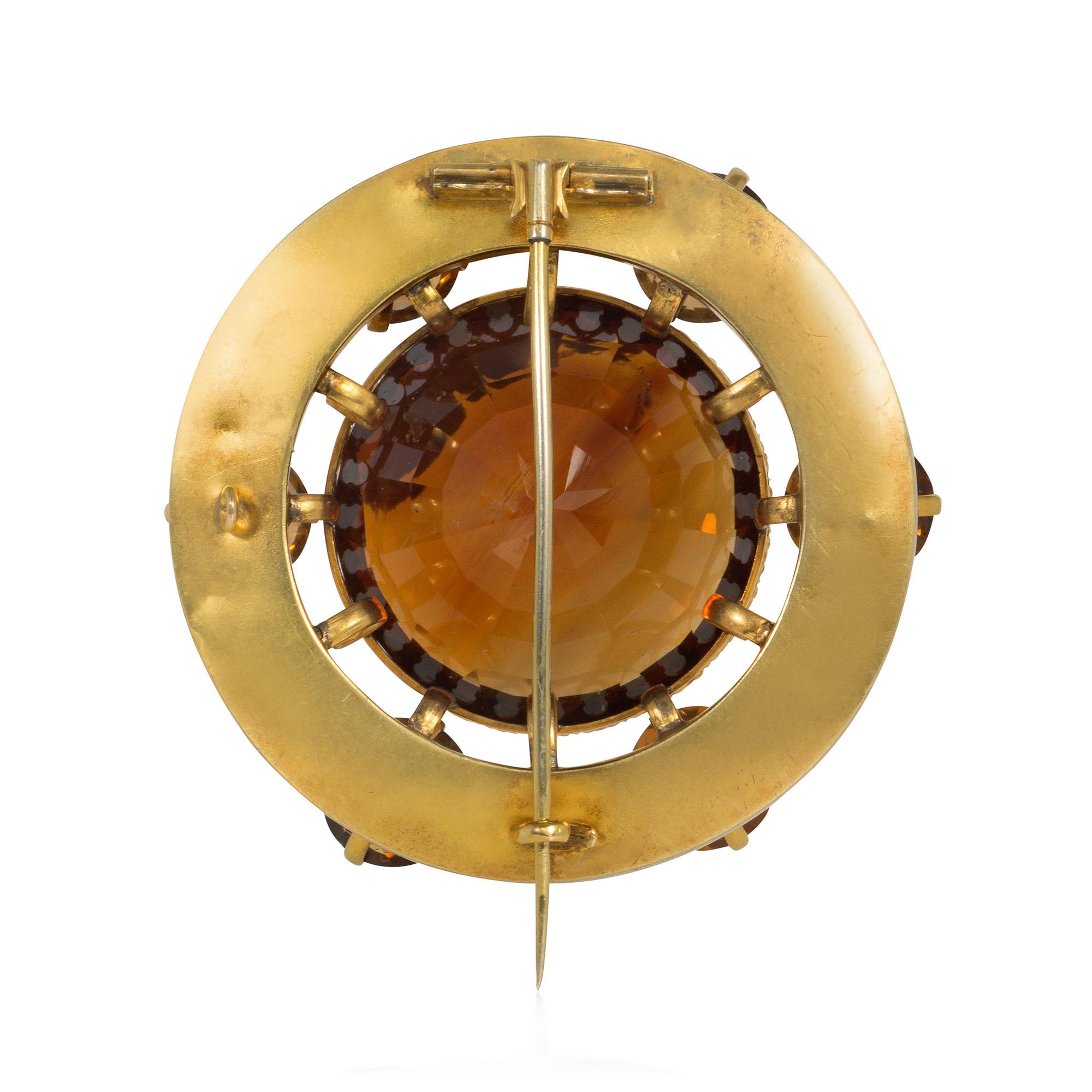 Round Cut Victorian Gold and Oversized Madeira Citrine Target Brooch  For Sale